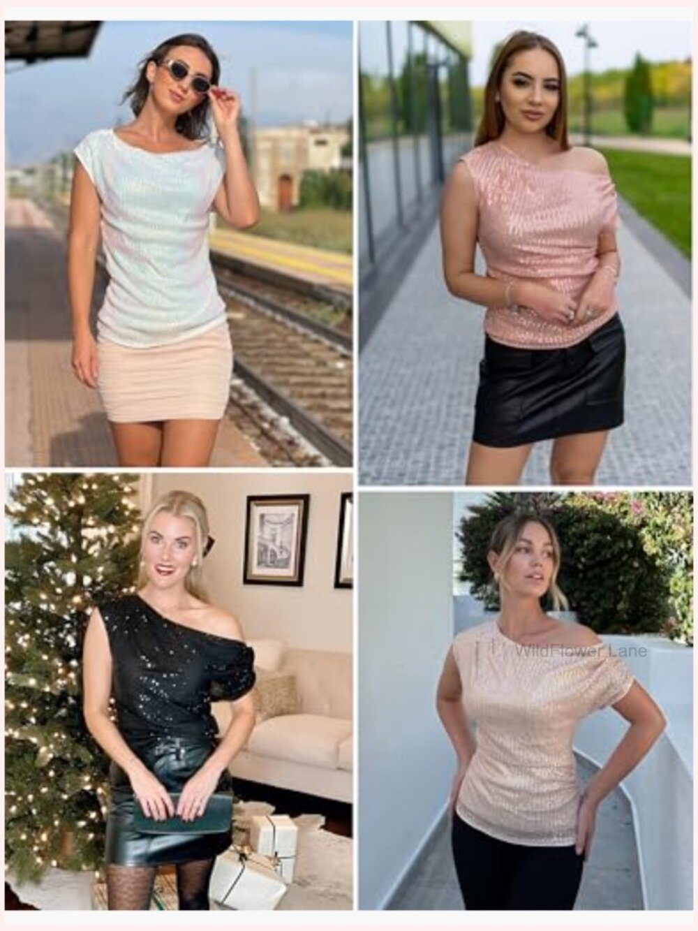 One Shoulder Sequin Sparkly Top Ruched Asymmetrical Glitter Party Shirt Slimming - Picture 4 of 7